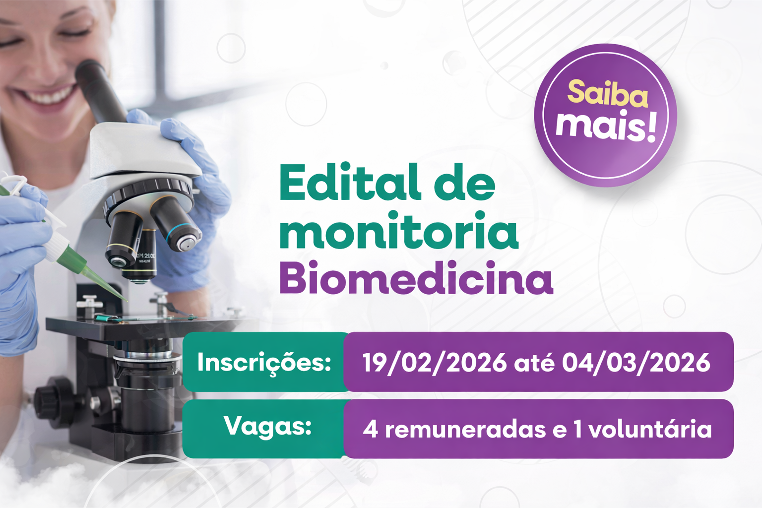 Edital de Monitoria nº 01/2026 para o Curso de Biomedicina